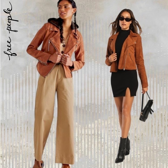 FREE PEOPLE NWT Harriett Moto-Style Brown Vegan Suede, Black Hood Jacket/Md - Picture 10 of 16